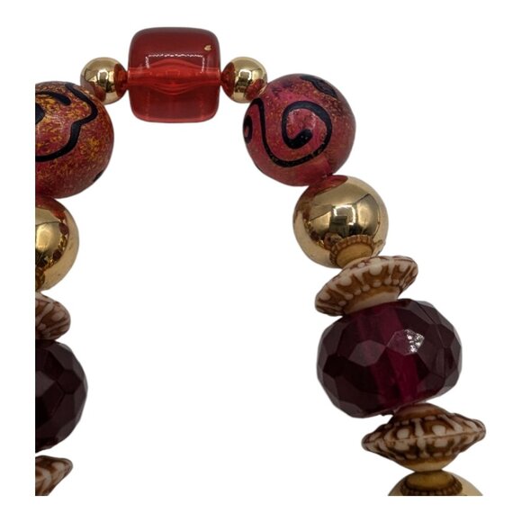 Handcrafted Beaded Necklace With Gold Amber & Red Beads - 16" Long - Picture 7 of 9